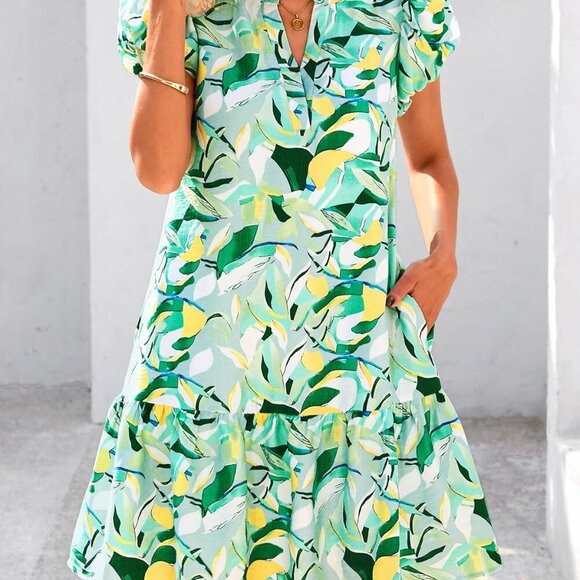 Womens Summer Dresses 2025 Puffy Sleeve V Neck Loose Floral Print A Line Boho Mi - Picture 3 of 8